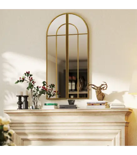 Espejo de Pared Dorado Espejo Decorativo con Diseño en Arco y 2 Piezas 30x120 cm Reflejos Claros y Fácil Instalación