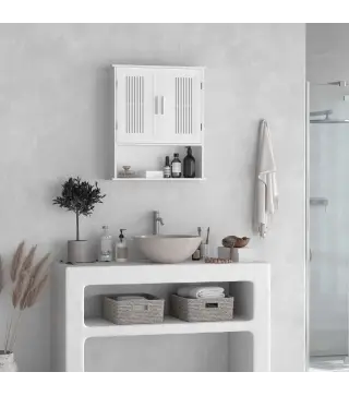 Armario de Pared para Baño Multiusos con Estante Ajustable Puertas de Listones y Compartimento 60x20x70 cm Blanco