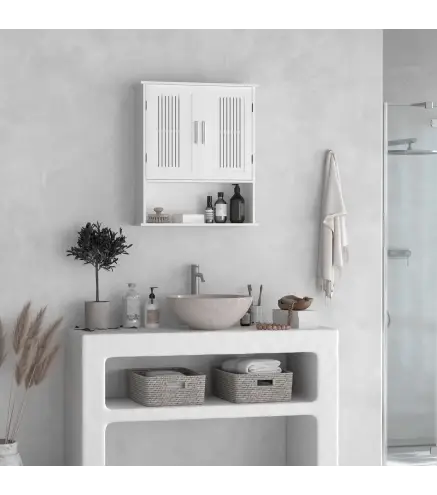 Armario de Pared para Baño Multiusos con Estante Ajustable Puertas de Listones y Compartimento 60x20x70 cm Blanco