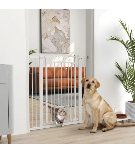 Barrera de Seguridad para Perros con Ancho Ajustable 76-104 cm con 2 Extensiones para Escalera Puerta Blanco
