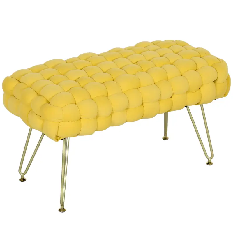 Banco Pie de Cama Tapizado en Terciopelo Reposapiés con Patas de Metal y Asiento Acolchado Amarillo