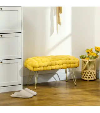 Banco Pie de Cama Tapizado en Terciopelo Reposapiés con Patas de Metal y Asiento Acolchado Amarillo