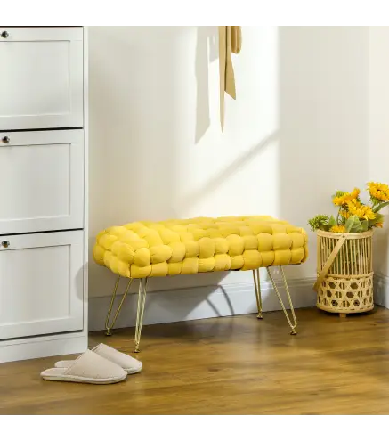 Banco Pie de Cama Tapizado en Terciopelo Reposapiés con Patas de Metal y Asiento Acolchado Amarillo