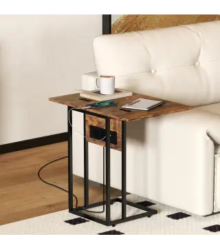 Mesa Auxiliar para Sofá con Encimera Plegable Estación de Carga y Patas Ajustables para Espacios Pequeños Marrón