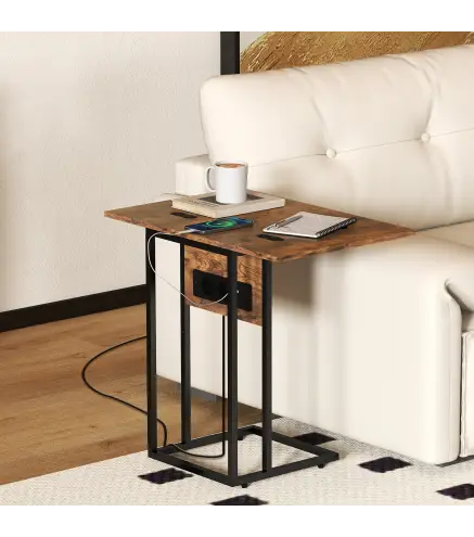 Mesa Auxiliar para Sofá con Encimera Plegable Estación de Carga y Patas Ajustables para Espacios Pequeños Marrón