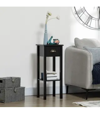 Mesa Auxiliar Estilo Moderno Mesita Auxiliar con Cajón y Estante de Almacenamiento 30x30x75 cm Negro