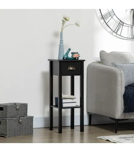 Mesa Auxiliar Estilo Moderno Mesita Auxiliar con Cajón y Estante de Almacenamiento 30x30x75 cm Negro