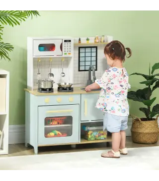 Cocinita Infantil con Sonido Fogón Horno Grifo Fregadero Microondas y Accesorios de Cocina Azul