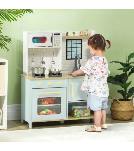 Cocinita Infantil con Sonido Fogón Horno Grifo Fregadero Microondas y Accesorios de Cocina Azul