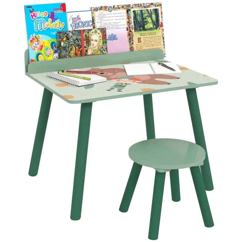 Mesa Infantil con Silla y Estante para Libros Escritorio para Niños de +3 Años para Sala de Juegos Verde