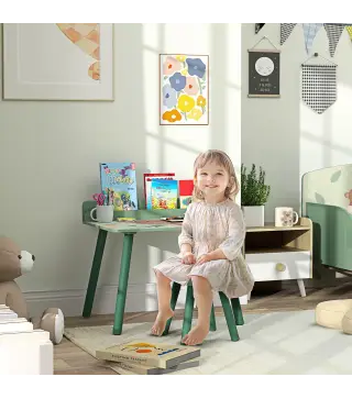 Mesa Infantil con Silla y Estante para Libros Escritorio para Niños de +3 Años para Sala de Juegos Verde