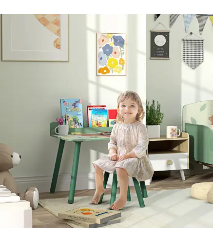 Mesa Infantil con Silla y Estante para Libros Escritorio para Niños de +3 Años para Sala de Juegos Verde
