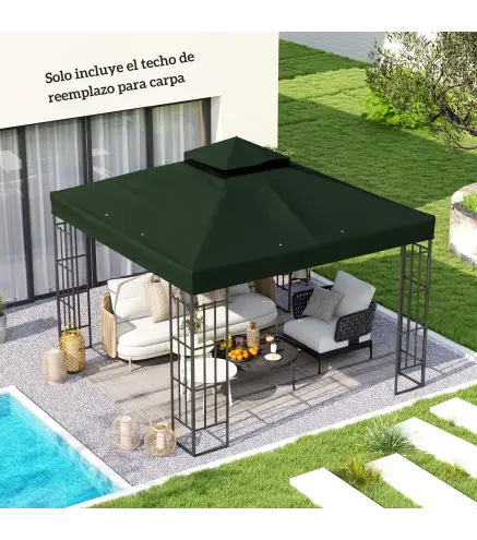 Toldo de Recambio 3x3 m con Techo Doble con Orificios de Drenaje y Protección UPF30+ Verde Solo Toldo NO Incluye Marco