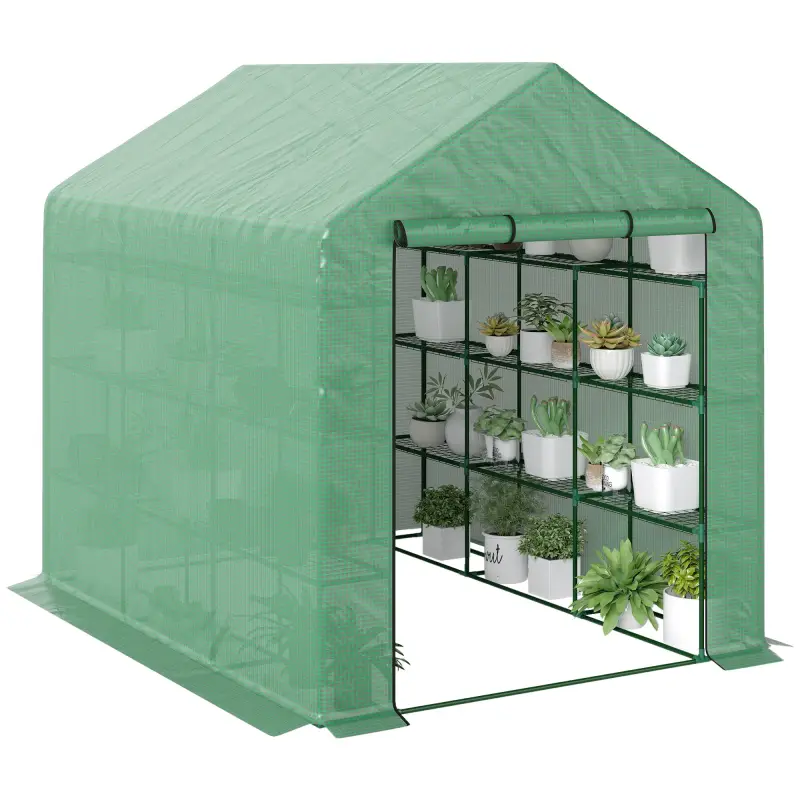 Invernadero de Exterior con Estantes de 4 Niveles Puerta con Cremallera y Marco de Acero 244x180x210 cm Verde Invernadero de Exterior con Estantes de 4 Niveles Puerta con Cremallera y Marco de Acero 244x180x210 cm Verde
