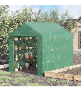 Invernadero de Exterior con Estantes de 4 Niveles Puerta con Cremallera y Marco de Acero 244x180x210 cm Verde
