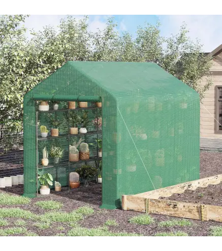 Invernadero de Exterior con Estantes de 4 Niveles Puerta con Cremallera y Marco de Acero 244x180x210 cm Verde