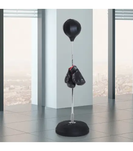 Saco de Boxeo de Pie con Altura Ajustable en 4 Niveles 126-144 cm Base Rellenable y Guantes de Boxeo Negro