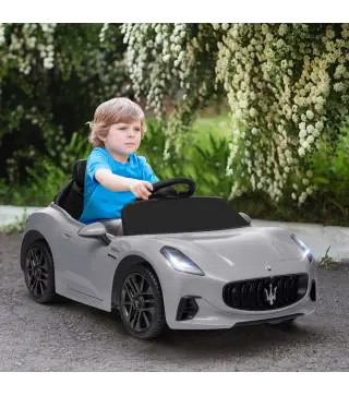 Coche Eléctrico Infantil Maserati Gran Turismo Folgore con Batería 12V Mando a Distancia Faros Bocina Música MP3 Gris
