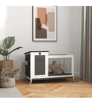 Jaula para Conejos con Techo Asfáltico Abatible Bandeja Extraíble y Ruedas 91x51x66 cm Blanco y Gris Oscuro