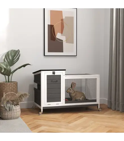 Jaula para Conejos con Techo Asfáltico Abatible Bandeja Extraíble y Ruedas 91x51x66 cm Blanco y Gris Oscuro