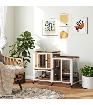 Conejera de Madera de 2 Niveles Jaula para Conejos con Ruedas Escaleras y Bandejas Extraíbles 110x50x86 cm Marrón