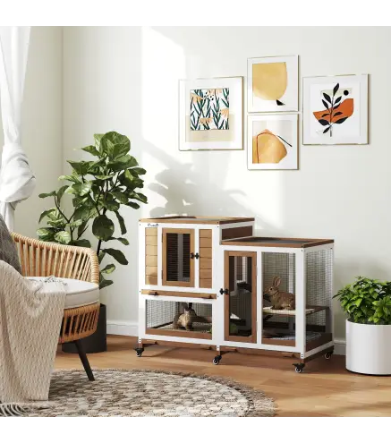 Conejera de Madera de 2 Niveles Jaula para Conejos con Ruedas Escaleras y Bandejas Extraíbles 110x50x86 cm Marrón
