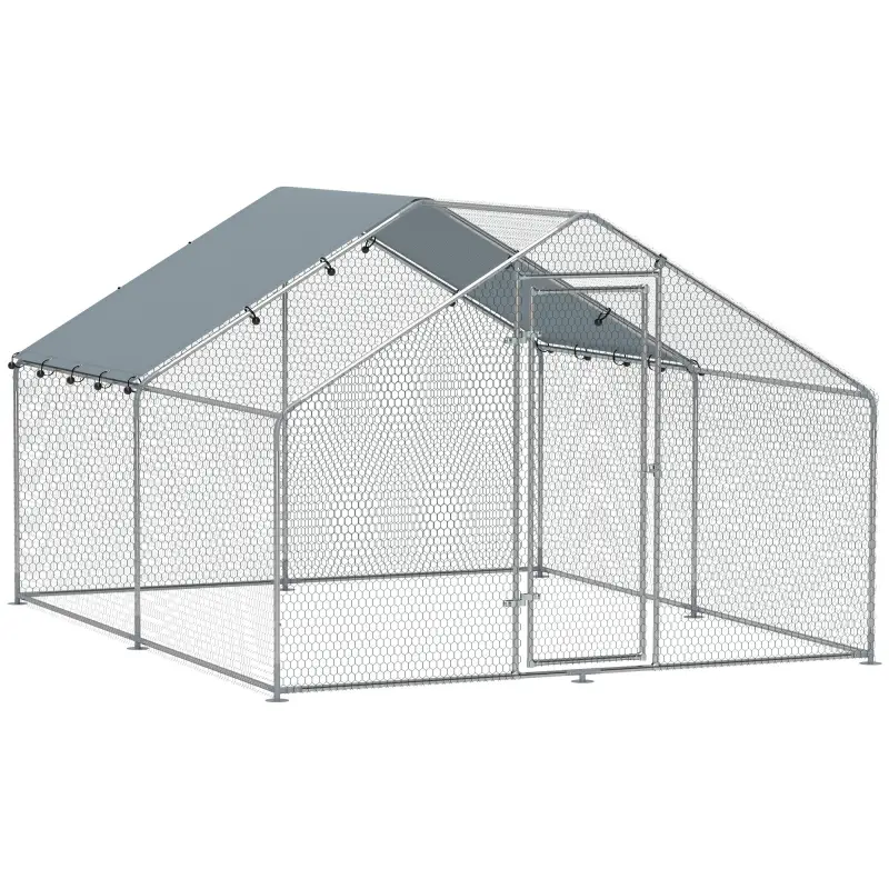 Corral para Gallinas Gallinero Metálico Grande de 3x3,4x1,9 m con Cubierta Impermeable y Anti-UV Plata