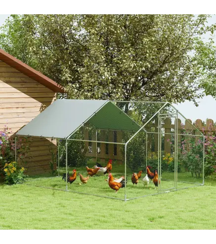 Corral para Gallinas Gallinero Metálico Grande de 3x3,4x1,9 m con Cubierta Impermeable y Anti-UV Plata