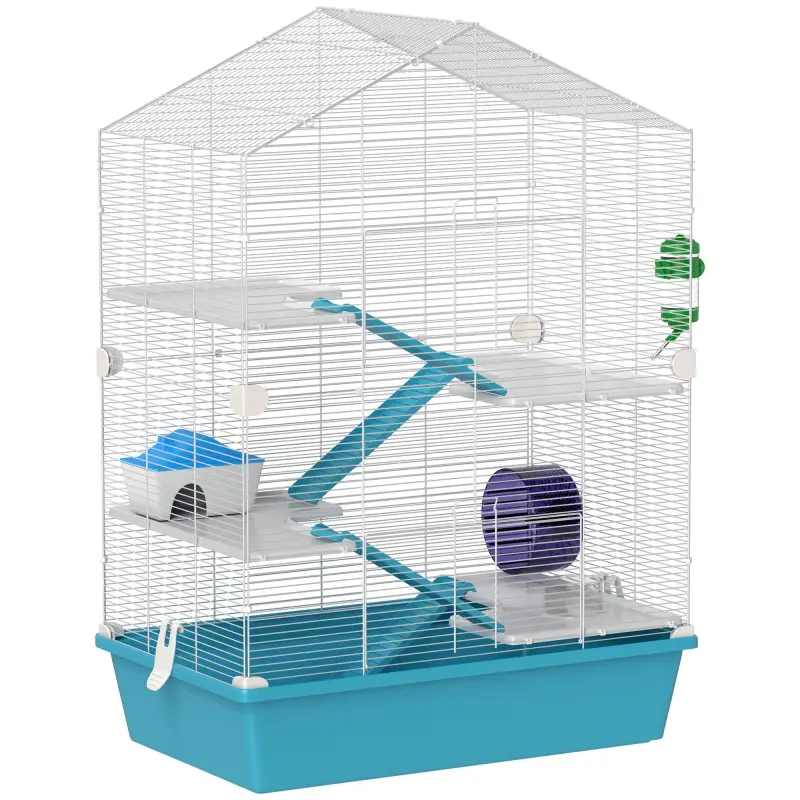 Jaula para Hámster de 5 Niveles con Plataformas Cuenco Bebedero Casita Rampas y Rueda de Ejercicio 58x36x81cm Azul Claro