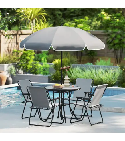 Conjunto de Muebles de Jardín de 6 Piezas con Mesa Redonda Sillas Plegables y Sombrilla para Patio y Terraza Color Gris
