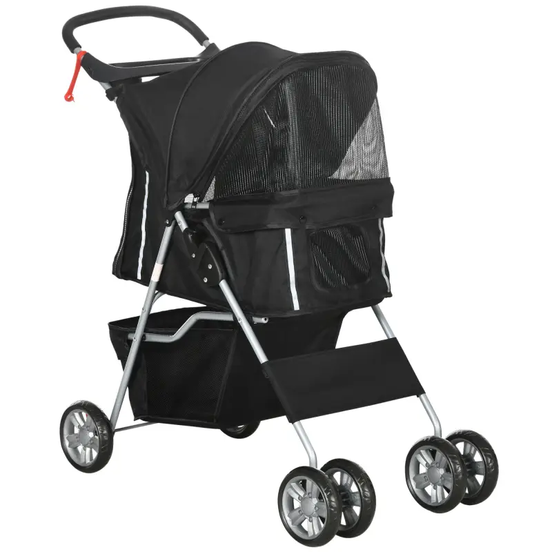 Carrito para Perros Pequeños con Toldo Ajustable Cesta de Almacenaje Portavasos y Ruedas 75x45x97 cm Negro