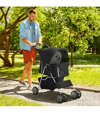 Carrito para Perros Pequeños con Toldo Ajustable Cesta de Almacenaje Portavasos y Ruedas 75x45x97 cm Negro