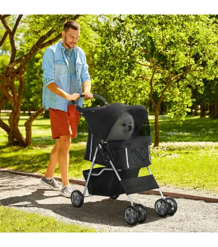 Carrito para Perros Pequeños con Toldo Ajustable Cesta de Almacenaje Portavasos y Ruedas 75x45x97 cm Negro