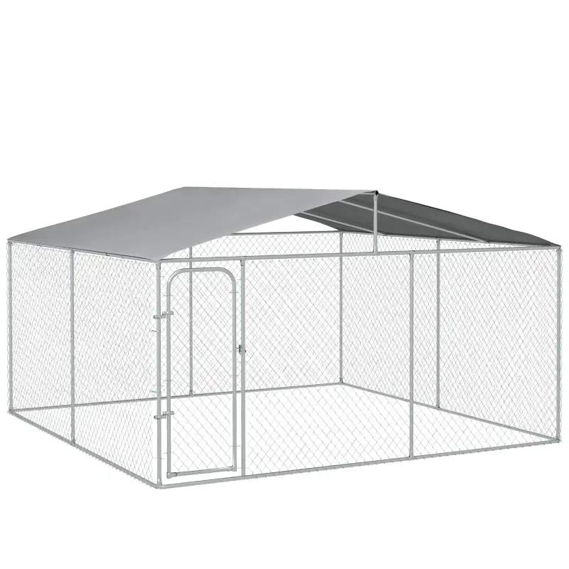 Perrera de Exterior con Toldo Anti-UV Impermeable Puerta con Pestillo y Marco de Metal Galvanizado 4x4x2,3 m Plata