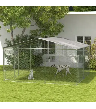 Perrera de Exterior con Toldo Anti-UV Impermeable Puerta con Pestillo y Marco de Metal Galvanizado 4x4x2,3 m Plata