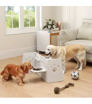 Comedero Elevado Doble para Perros con Altura Ajustable y Sistema de Alimentación Lenta 63x58,5x40 cm Blanco