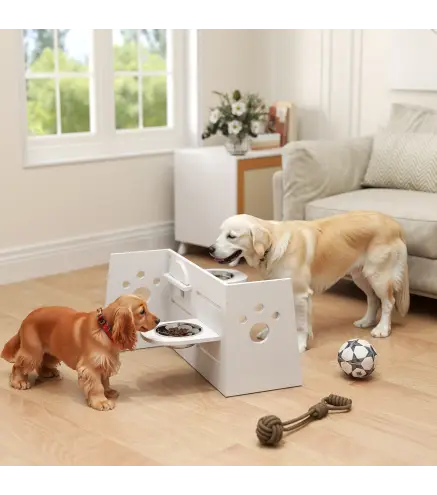 Comedero Elevado Doble para Perros con Altura Ajustable y Sistema de Alimentación Lenta 63x58,5x40 cm Blanco