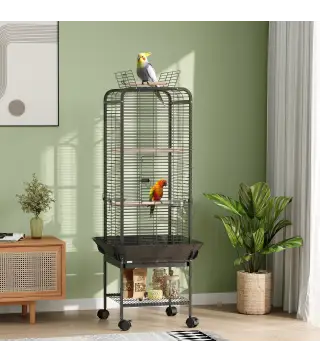 Jaula para Loros con Ruedas Perchas Comederos Estante y Bandeja Extraíble 62,5x62,5x146 cm Gris Oscuro