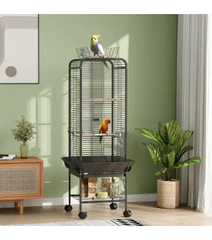 Jaula para Loros con Ruedas Perchas Comederos Estante y Bandeja Extraíble 62,5x62,5x146 cm Gris Oscuro
