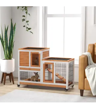 Conejera de Madera de 2 Niveles Jaula para Conejos con Ruedas Rampa y Bandejas Extraíbles 110x50x88cm Natural