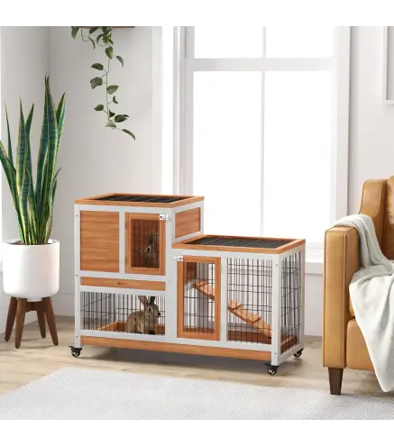 Conejera de Madera de 2 Niveles Jaula para Conejos con Ruedas Rampa y Bandejas Extraíbles 110x50x88cm Natural