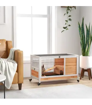 Jaula de Conejos Conejera para Mascotas Pequeñas con Techo Abrible y Bandeja Extraíble 90x53x59 cm Natural