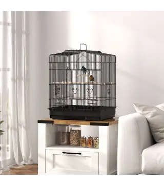 Jaula para Pájaros 46,5x36x59 cm con 2 Comederos 2 Perchas Columpio Bandeja Extraíble y Marco de Acero Negro