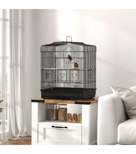 Jaula para Pájaros 46,5x36x59 cm con 2 Comederos 2 Perchas Columpio Bandeja Extraíble y Marco de Acero Negro