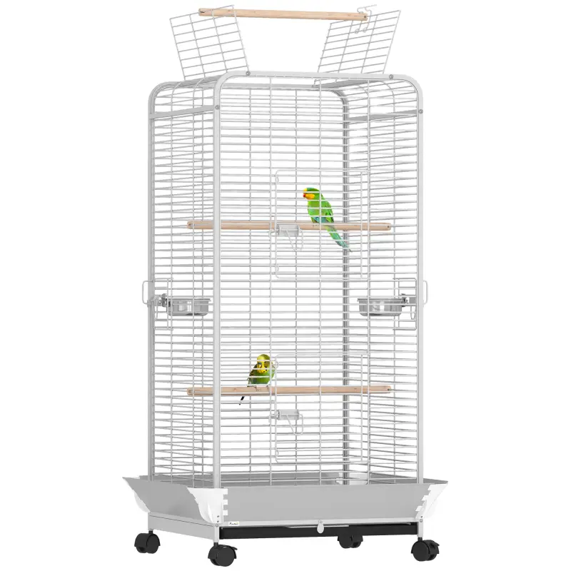 Jaula para Loros con Ruedas Perchas Comederos y Bandeja Extraíble Pajarera para Cacatúas Cotorras 79x73x146cm Gris Claro