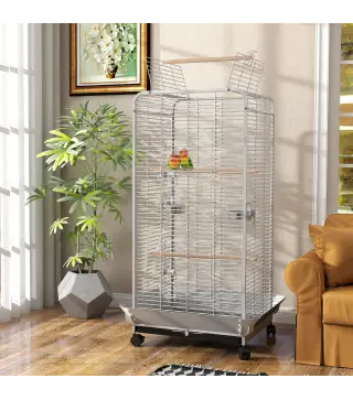 Jaula para Loros con Ruedas Perchas Comederos y Bandeja Extraíble Pajarera para Cacatúas Cotorras 79x73x146cm Gris Claro