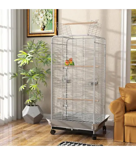 Jaula para Loros con Ruedas Perchas Comederos y Bandeja Extraíble Pajarera para Cacatúas Cotorras 79x73x146cm Gris Claro