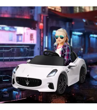 Coche Eléctrico Infantil Maserati Gran Turismo Folgore con Batería 12V Mando a Distancia Faros Bocina Música MP3 Blanco