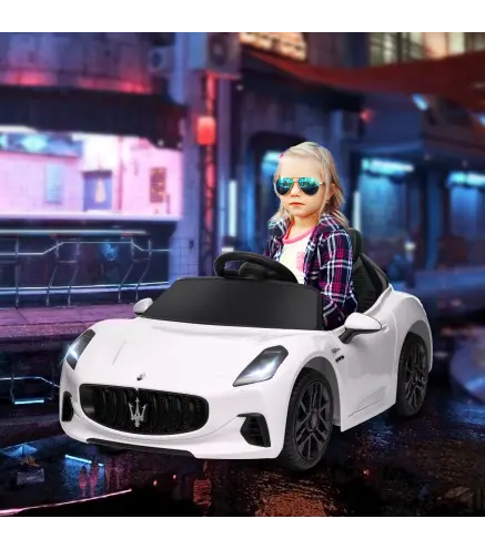 Coche Eléctrico Infantil Maserati Gran Turismo Folgore con Batería 12V Mando a Distancia Faros Bocina Música MP3 Blanco
