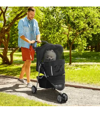 Carrito para Perros Pequeños con Cesta de Almacenaje Ventanas de Malla y 2 Ruedas Universales 75x45x97 cm Negro